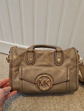 Michael Kors Taupe Pebbled Leather Satchel with Gold Logo